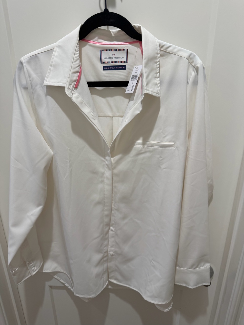 Modern Amusement Women's White Button-Down Shirt with Pink Trim